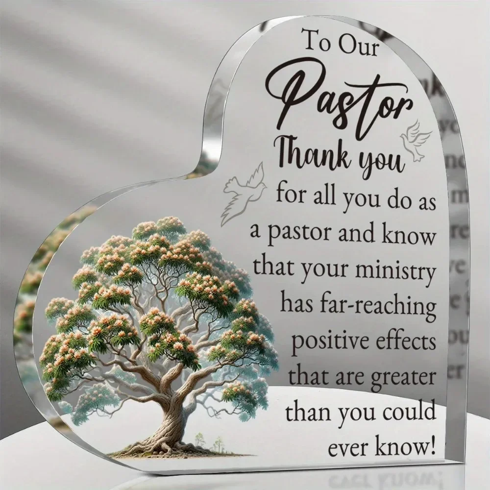 Heart Acrylic Plaque Gift for Pastor, Tree & Dove Pattern Thank You Pastor Desktop Decor