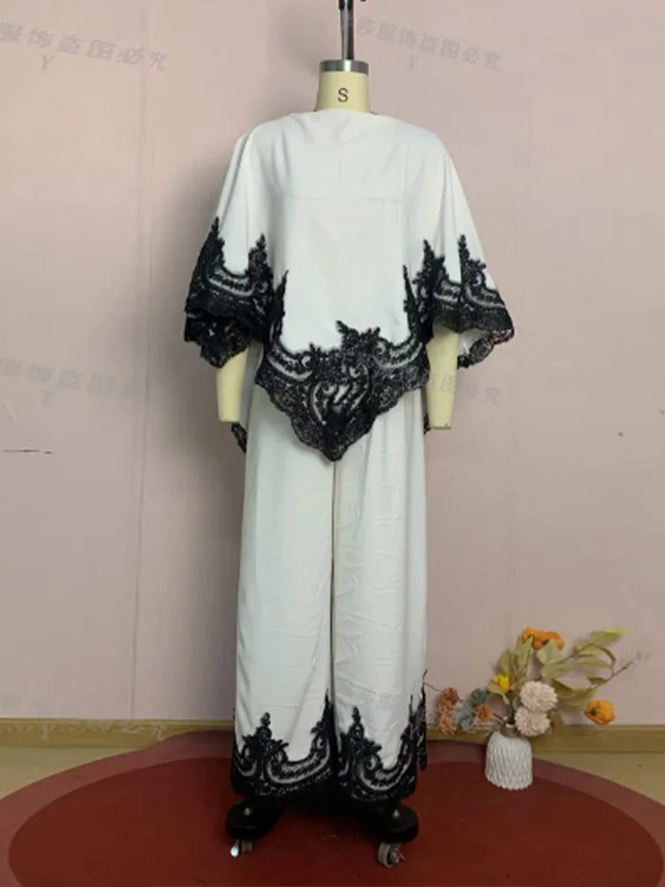 Elegant High Neck Black Lace Patch Two Piece Set  Loose Blouse Split Wide Leg Pants Soft Fabric 2026 Spring Daily Lady Outfits