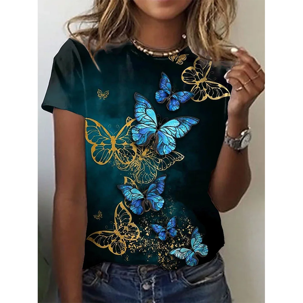 Camiseta 3D com estampa borboleta feminina, blusa com decote em O, manga curta, roupas grandes, moda feminina, verão, novo, 2022