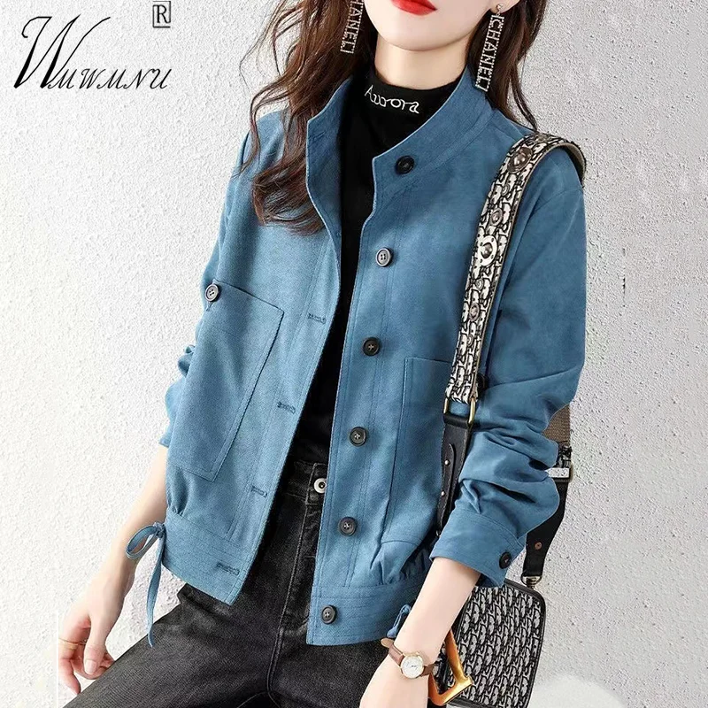 

Stand-Up Collar Corduroy Women's Jacket 2023 Spring Fashion Sashes Blue Veste Femme New Office Lady Single-Breasted Cropped Coat