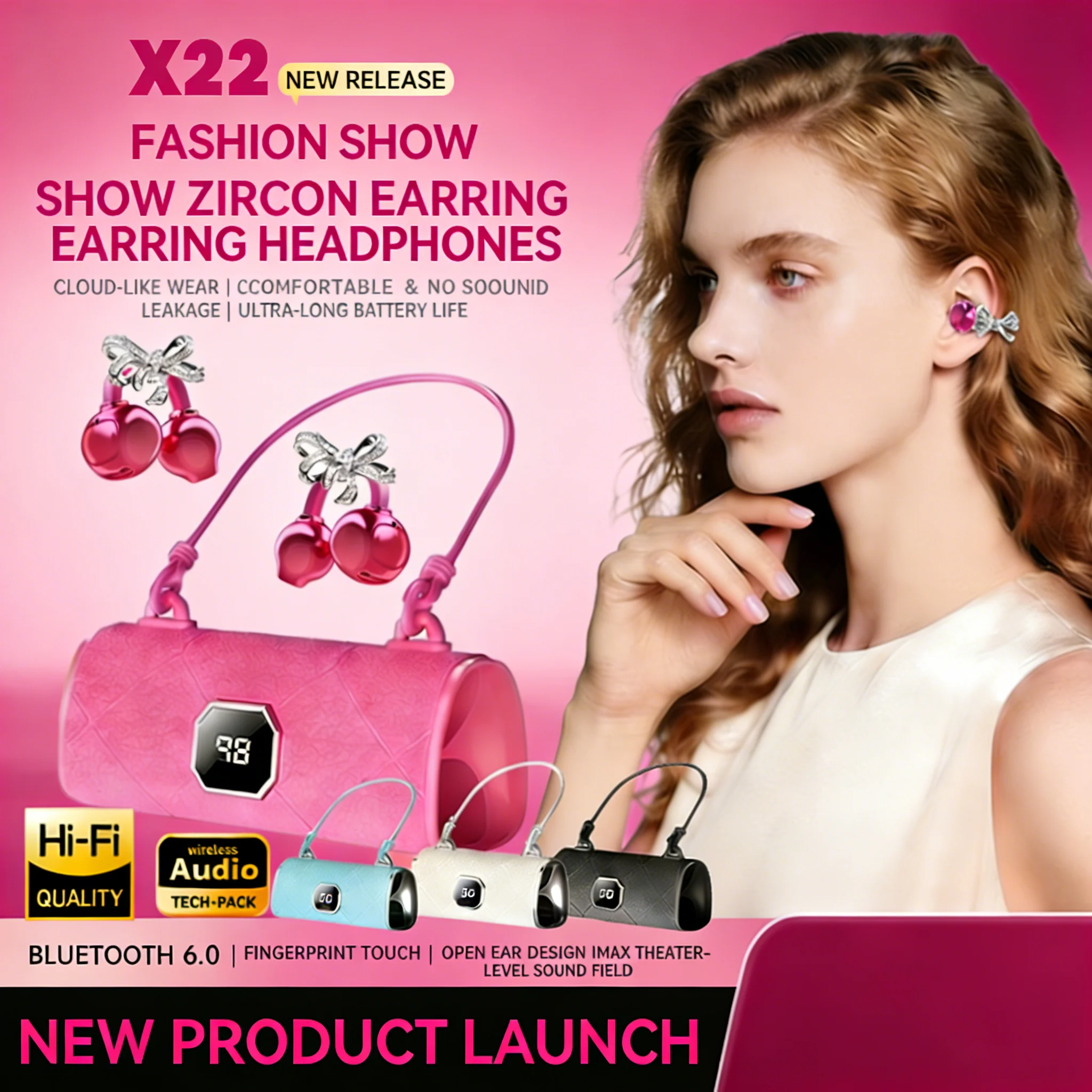 

Fashion New Handbag Wireless Bluetooth Ear-clip Earphones Portable HIFI Stereo Noise Reduction Earset For Sport Music Girl Gifts