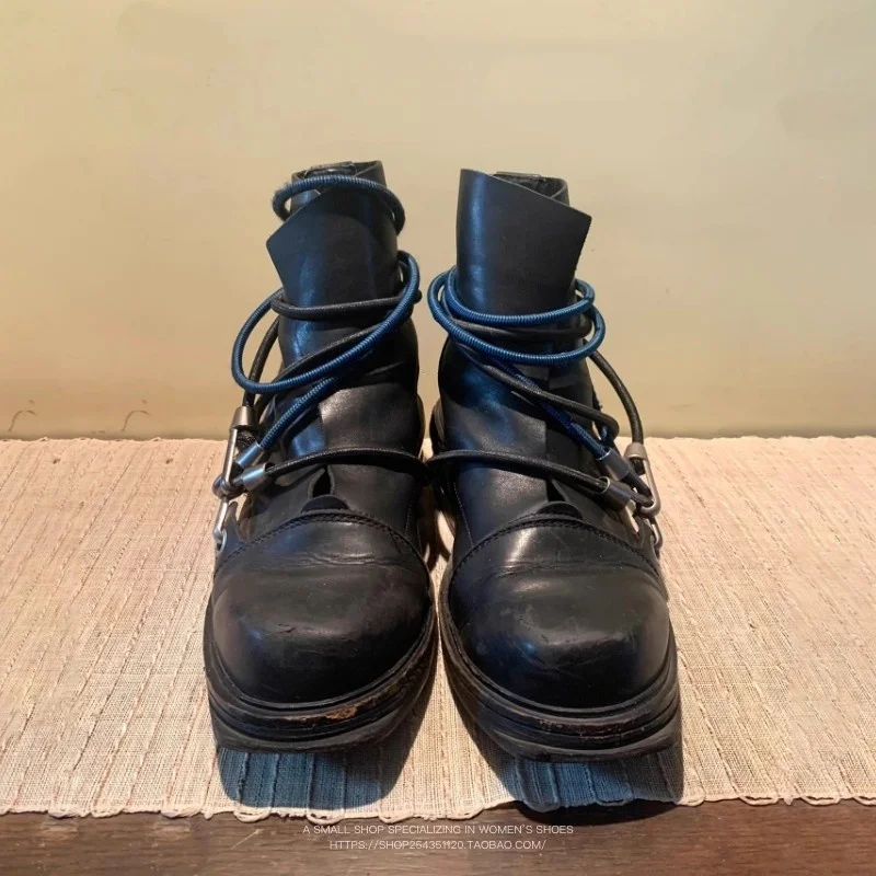 90S Retro Black Boots Cable Climbing Hooks Decorative Short Boots Mid Calf Boots Metal Heels Ankle Boots image 5