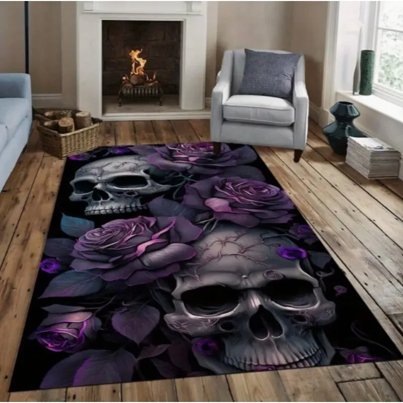 Un tapis de crâne violet d'halloween plein de tapis de sol festif en flanelle douce, pour salon, chambres à coucher et tapis décoratifs citrouille