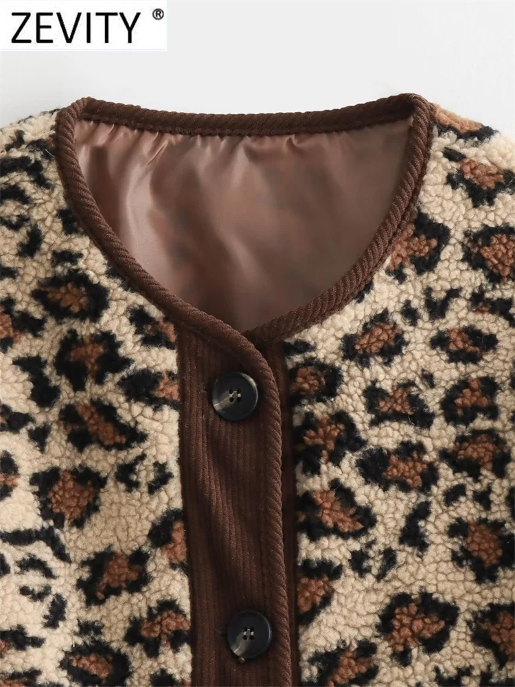 ZEVITY 2023 Women Vintage O Neck Leopard Printed Lamb Fur Jacket Female Outerwear Chic Double Pockets Buttons Coat Tops CT5724