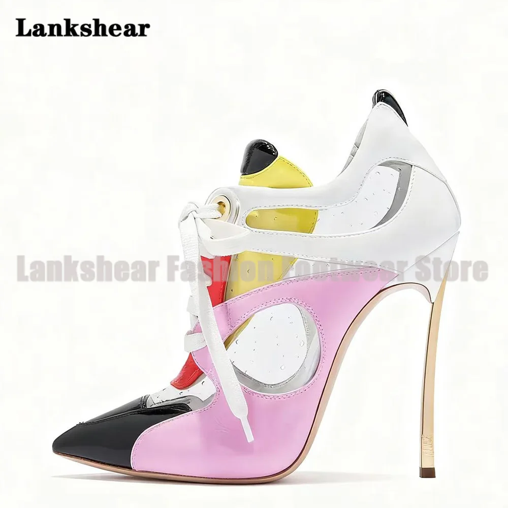 الذهبي شفرة كعب متعدد الألوان مضخات النساء أحذية الصيف أشار تو بولي كلوريد الفينيل المرقعة حذاء من الجلد أحدث Sandalias De Mujer Verano #2