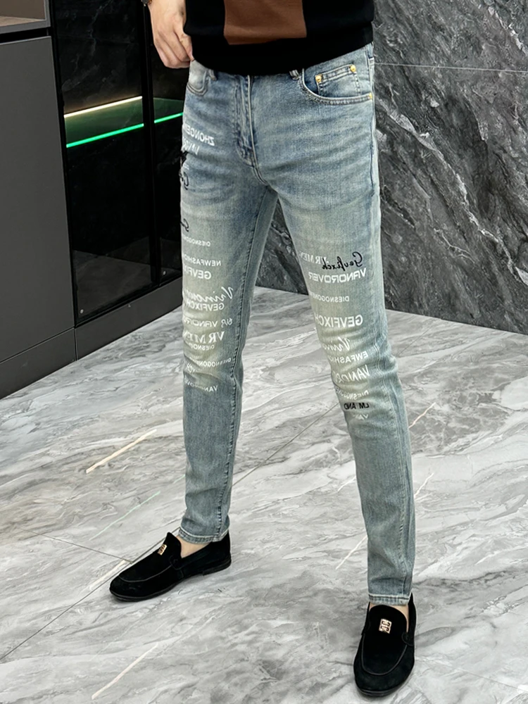 

Trendy Printed Denim Jeans Men's Spring Faion Slim Fit Casual Haome Lettering Long Pants Youthful Wear Resistant