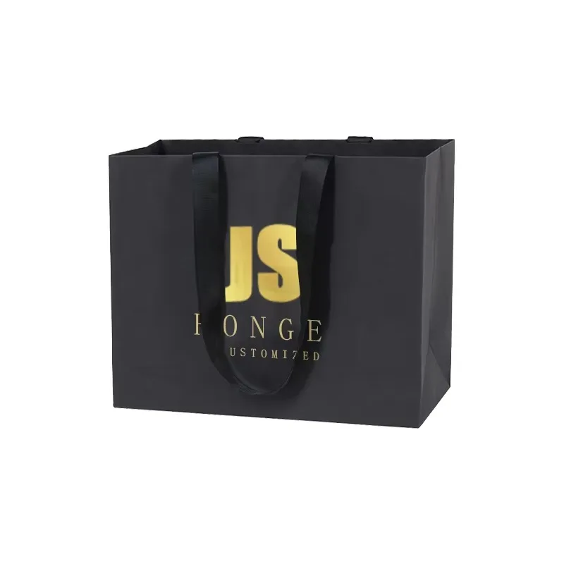 Wholesale Custom Logo Gold Foil Logo Luxury Black Gift Bags Cardboard Paper Bags Shopping Bags