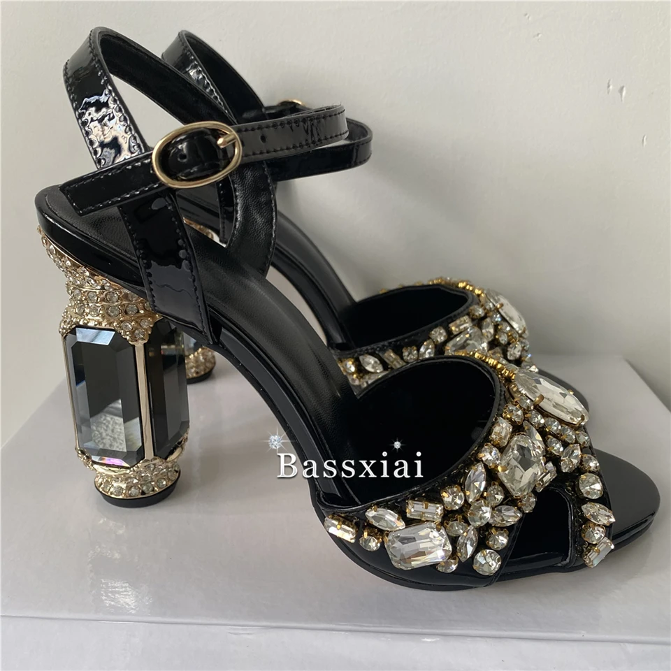 Sandali con strass di diamanti da cucire di lusso scarpe da banchetto con cinturino alla caviglia con tacco alto in cristallo gioiello da donna