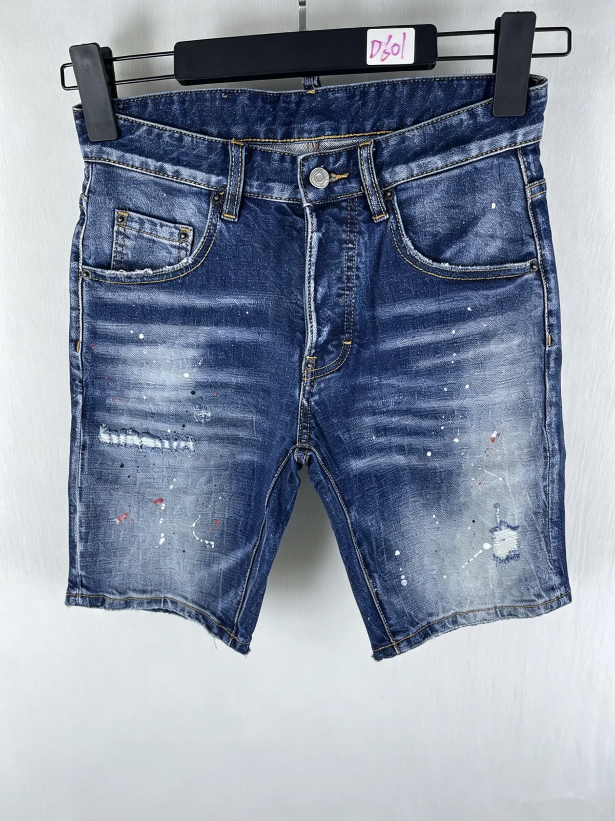 D601 New Men's Jeans Washed Ripped Patch Feet Blue Denim Shorts for Men