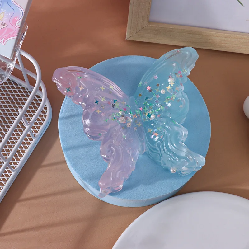 Mariposa luminosa creativa para aliviar el estrés, juguetes grandes transparentes con lentejuelas de cristal, mariposa, pellizco, juguete sensorial, regalos únicos