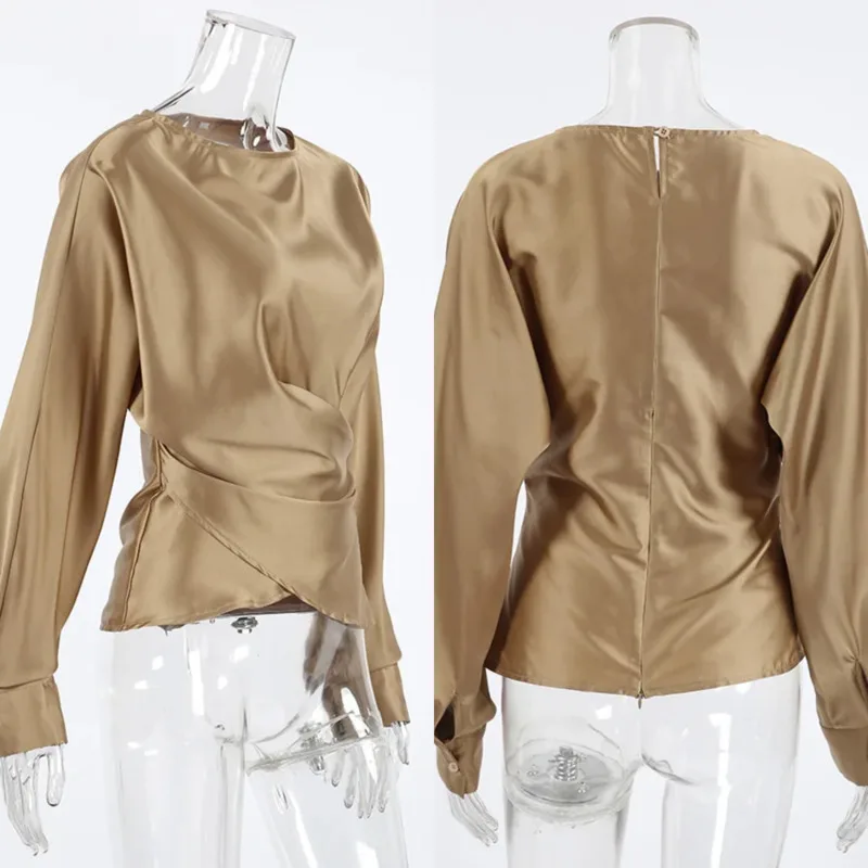 

Elegant Satin Round Neck Blouse Womens Long Sleeve Pullover Top With Draped Fabric For Chic Office Style And Daily Wear Chic