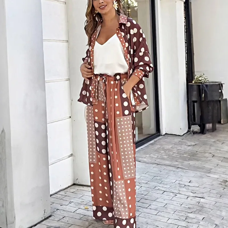 2024 Spring Summer Dotted Prints Loose Suit Women Long Sleeve Turn-down Collar Shirt Top High Waist Pocket Wide Leg Pants Suit