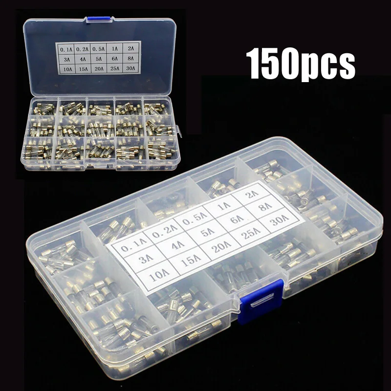 Quick Acting Fuse Kit Assorted Set of Glass Tubes Including a Total of 150 fuses (0 1 30 A) for Effective Circuit Protection