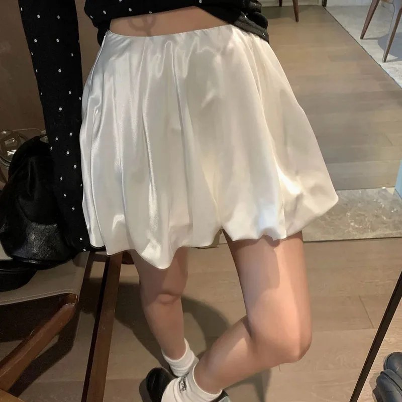 

New Satin High Waist Puff Skirt Summer Fashion Solid Color A Line Casual Mini Skirt Women Elegant Pleated Glossy Feeling Skirt