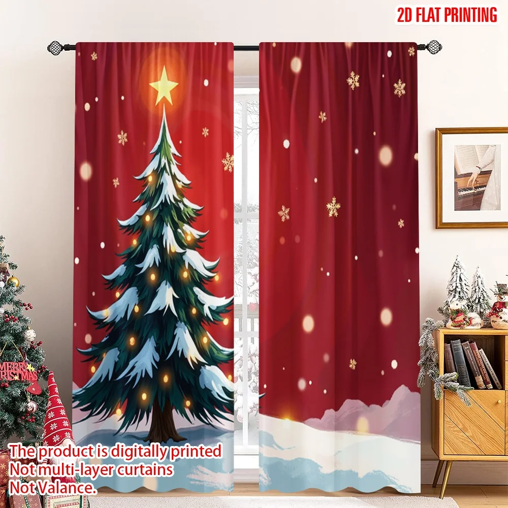

2pcs 2D flat printing Merry Christmas Popular Party Window Curtains Golden Christmas Tree Snowflakes Polyester Without