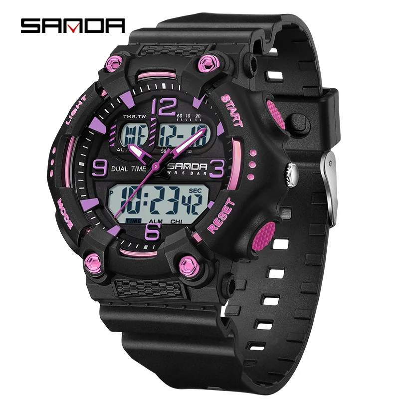 ساعة SANDA 6179 للطلاب، متعددة الوظائف، رياضية خارجية، عرض مزدوج، حزام سيليكون مقاوم للماء، ساعة خفيفة ليلية للأولاد والبنات