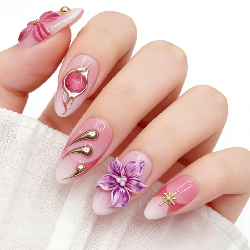 

24 шт. накладных ногтей Sweet Pink Gradient Press on Nails, миндалевидной формы, с 3D цветочным дизайном, золотыми звездами, жемчугом и французским дизайном, элегантные, для женщин.
