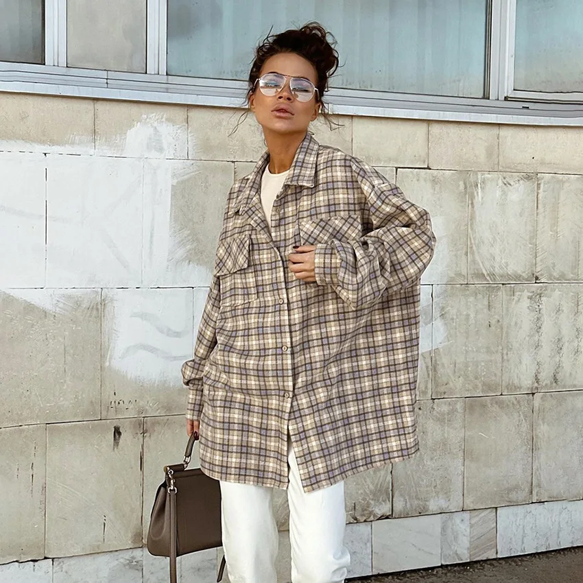 

YYAHAHAS American Vintage Plaid Shirt 2026 Spring Summer New Women's Oversized Long Sleeve Workwear Jacket