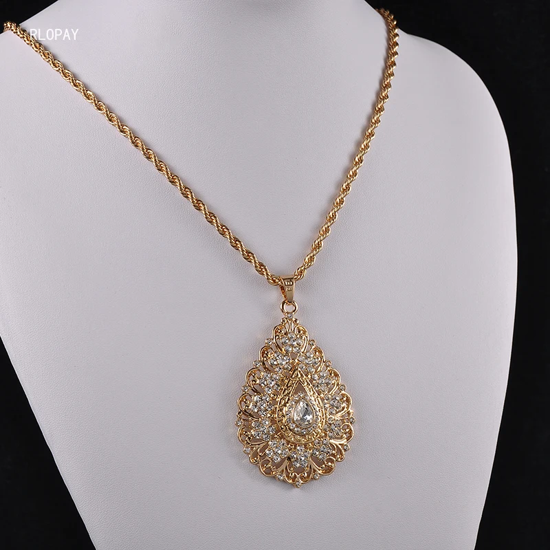 New Morocco Trendy Water Drop Pendant Necklace with Slid Chain Flower Shape Rhinestone Jewelry Necklace for Women