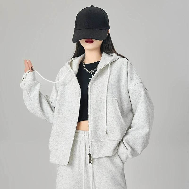 2025 Autumn and Winter Versatile Top Pink Loose Slimming Zipper Hooded Sweatshirt for Women