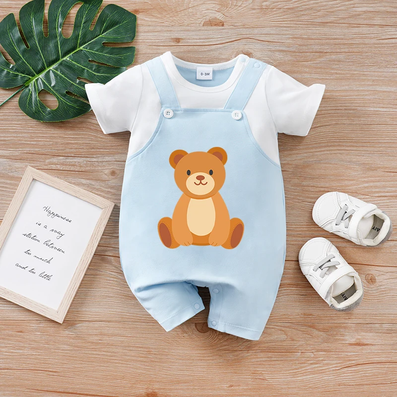 

Летний комбинезон с короткими рукавами для мальчиков и девочек 0-18 месяцев, синие искусственные подтяжки с милым животным принтом, детская одежда, 2025 год для новорожденных