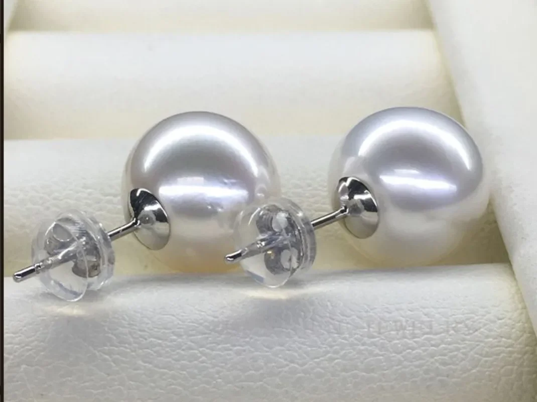 Pair of Huge13-14mm Genuine White Perfect Round Pearl Stud Earrings for Women Simple Wedding Party Jewelry Dangle ,hook