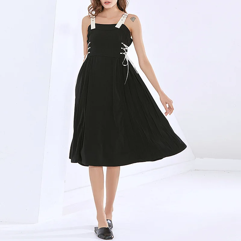 

Summer New Dress Feminine High Waist Black Bellflower Evening Dress Celebrity Fashion Mid Calf High Quality Ladies Dress