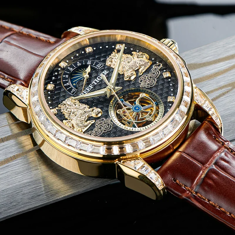 mens sun moon stars tourbillon mechanical watch 24 hour indicator luminous water resistant pixiu cowhide strap 42mm large dial