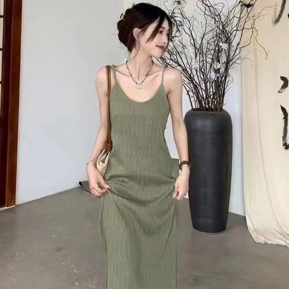 Elegantes Cami-Maxikleid im französischen Stil, locker geschnitten, lange Länge, ärmelloses Sommer-Maxikleid für den Urlaub. – Detail 6