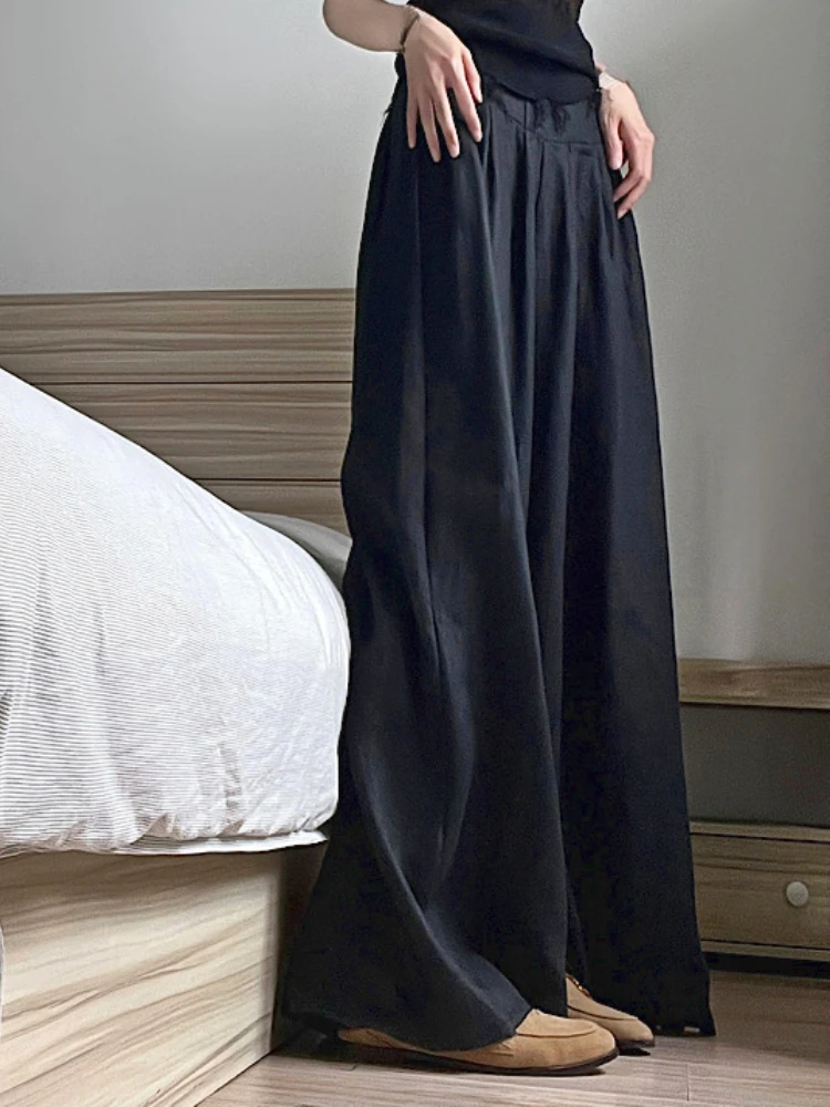 Elegant Casual Wide Leg Pants Women Black Ruffled Korean Fashion Baggy Pants Female High Waist Vintage Designer Pants 2023 New