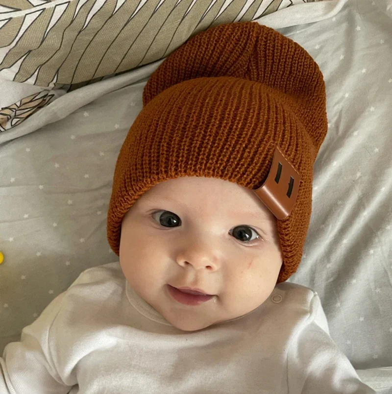 Baby Knit Hat for Boys Girls Autumn Winter Warm Kids Beanie Adult Children Parent-Child Hats Newborn Baby Cap with Leather Label