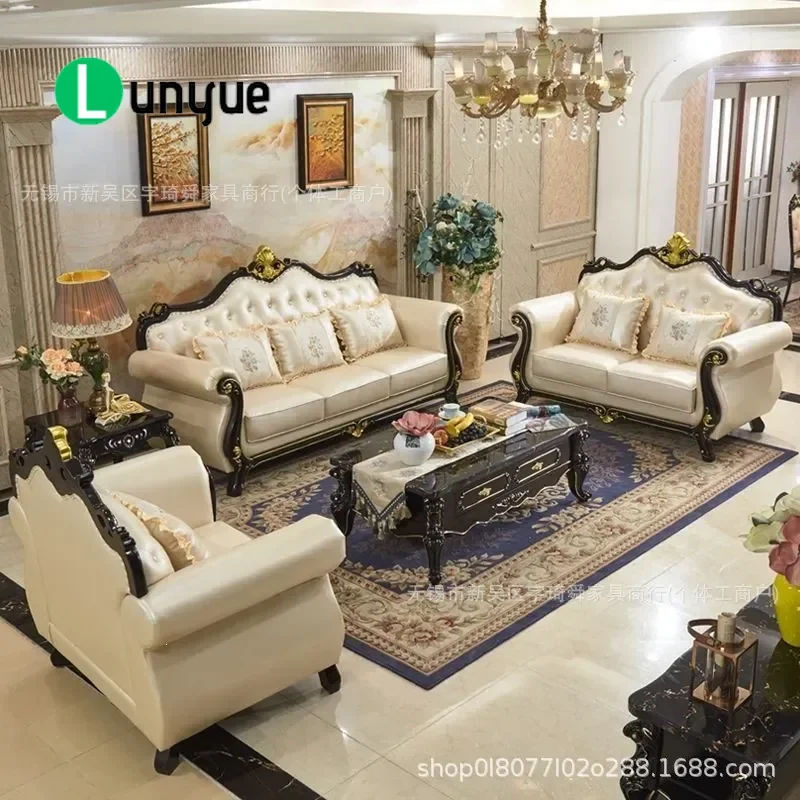 European Leather Sofa 123 Combination Black Sandalwood Carved Flower High End American Style Three Seater for Apartment