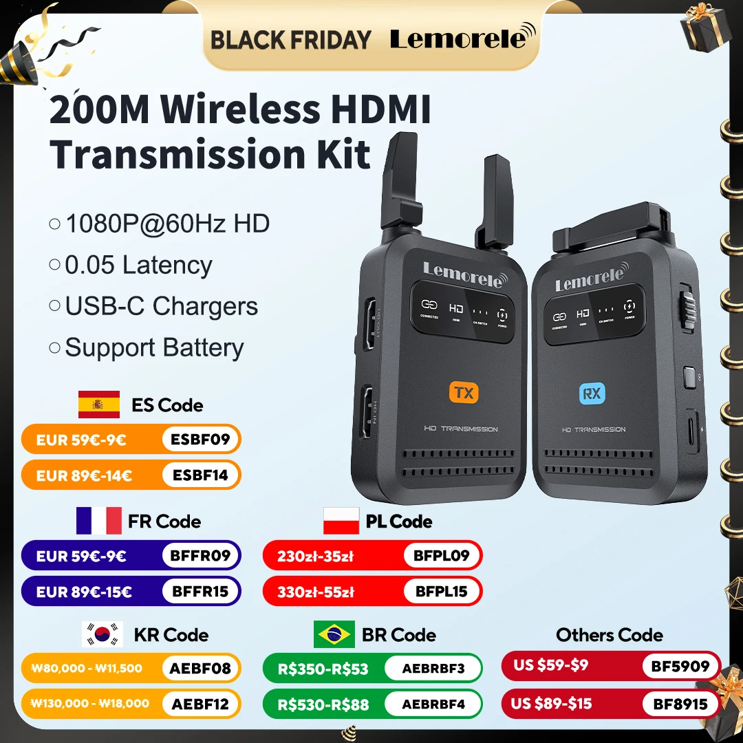 

Lemorele 200m Wireless HDMI Transmitter Receiver 1080P LowLatency Hdmi Extender Video Transceiver For Photography Live Streaming