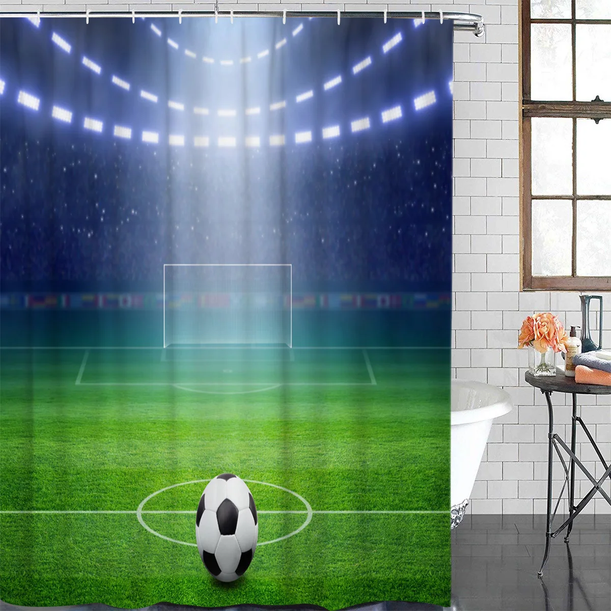 Football Green Stadium Lights Soccer Waterproof Bathroom Decoration Shower Curtain With Hook Bath Curtains Bathroom Accessories