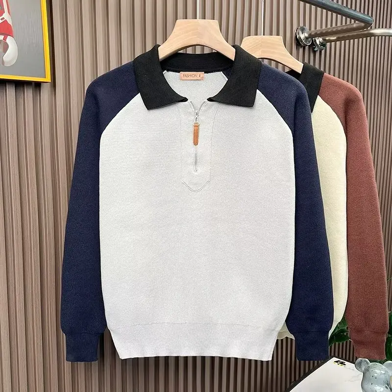 Business Light Wind Sweater Simple with New Autumn and Winter Color Contrast Men Lapel Shoulder Sweater Casual Sweatshirt