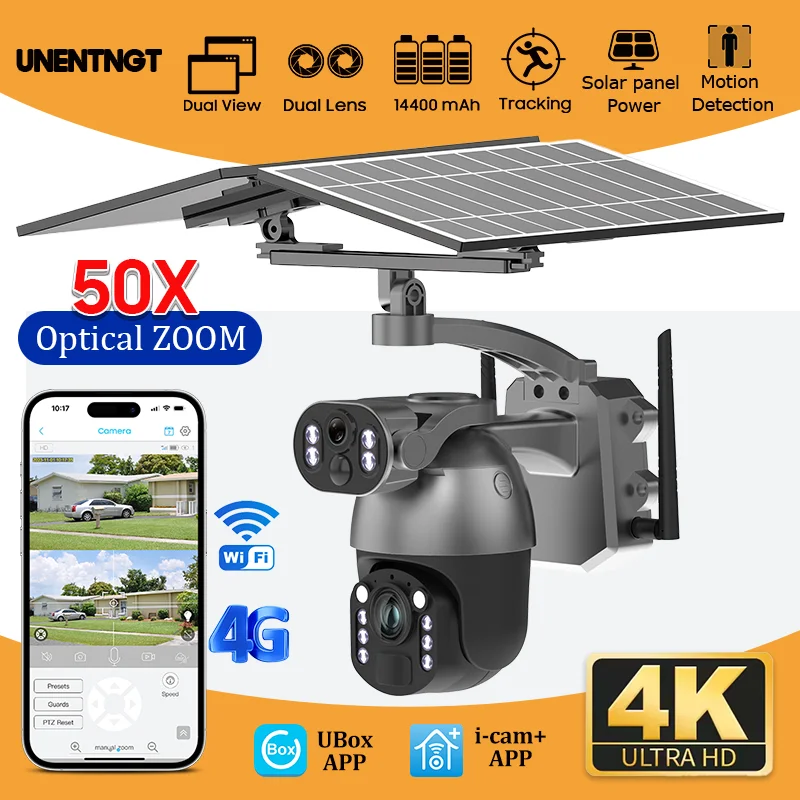 UNENTGT 4K 50X Optical Zoom Solar Wireless Security Camera Dual Lens Video Record PTZ Outdoor Cam 4G SIM/WIFI Color Night Vision