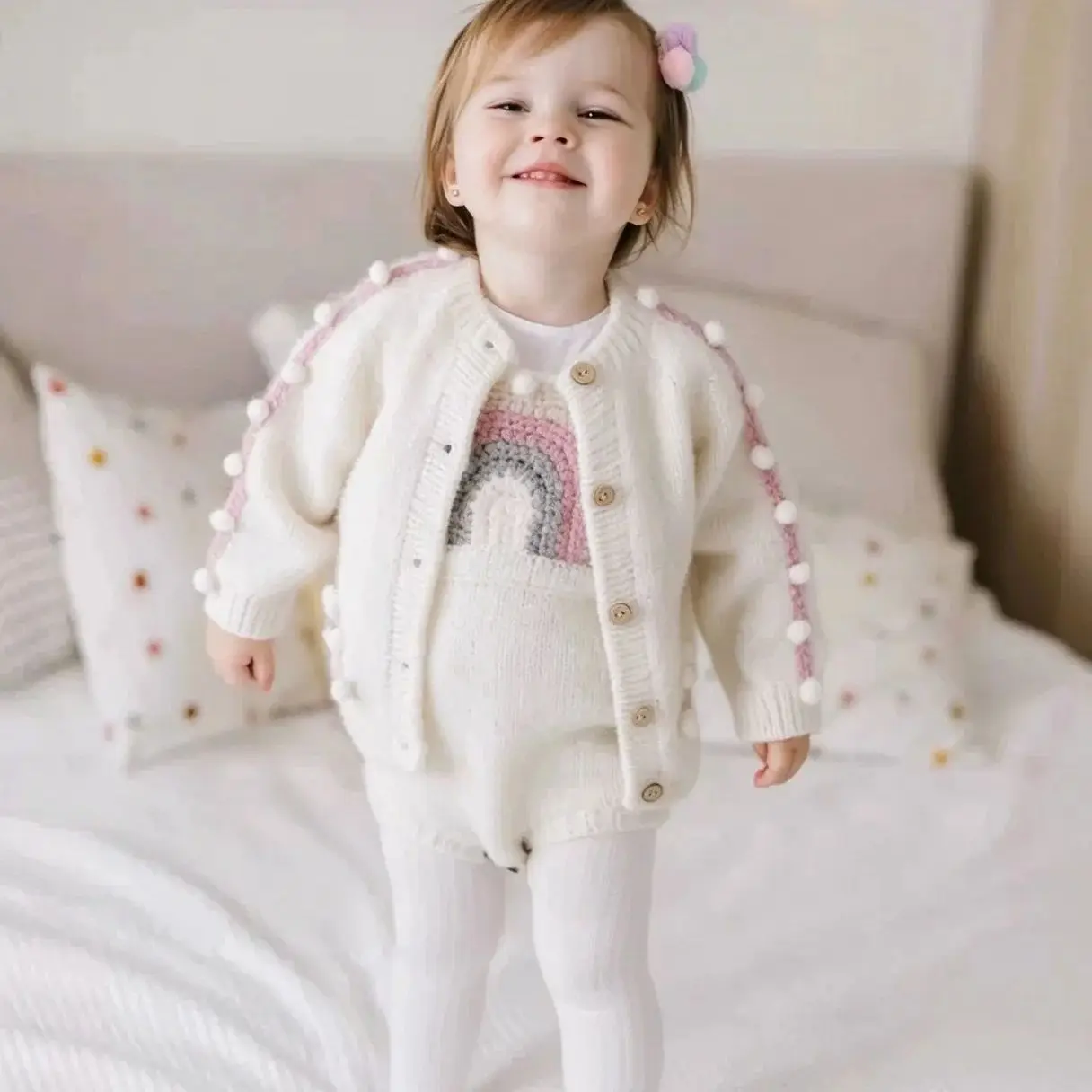 Ins Style Girls Knit Cardigan Romper, Hand Embroidered Rainbow Pom, Loose Long Sleeve Kids Sweater Coat, Unique Toddler Outfit