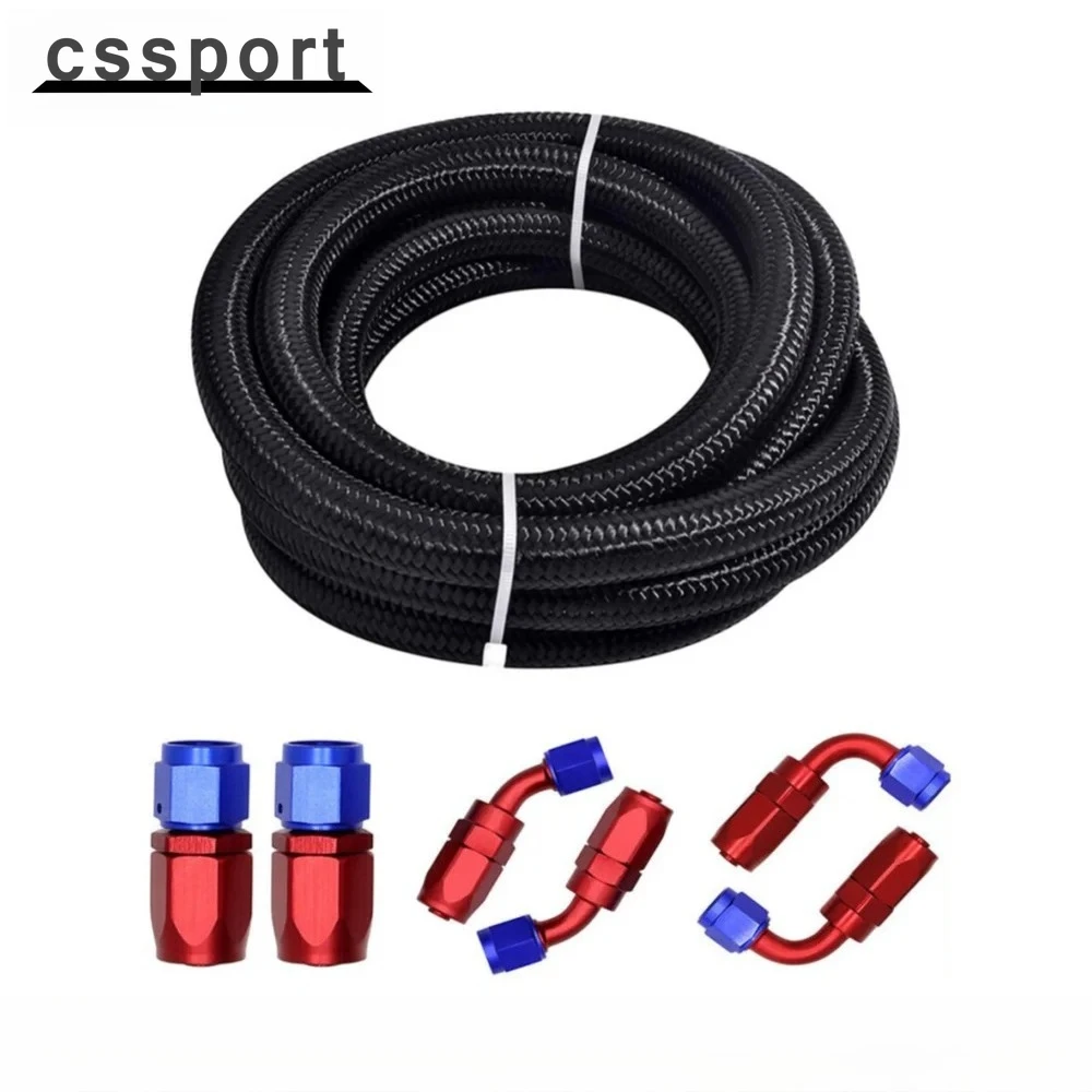 Universal 6AN 10FT Fuel Line Hose Kit Nylon & Stainless Steel Braided Oil Swivel Black + 6pcs Hose End Fitting Red-Blue