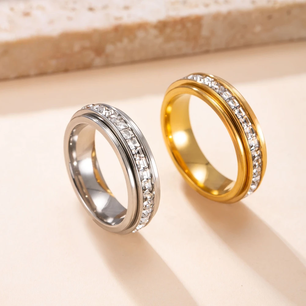 Anillo Antiestrés Giratorio de Acero de Titanio para Mujer con Circonita Cúbica para Alivio de la Ansiedad, Anillo de Promesa de Boda, Anillo de la Suerte, Anillo Giratorio de Acero de Titanio, Anillo Eternity de Circonita Cúbica para Mujer y Hombre, Anil