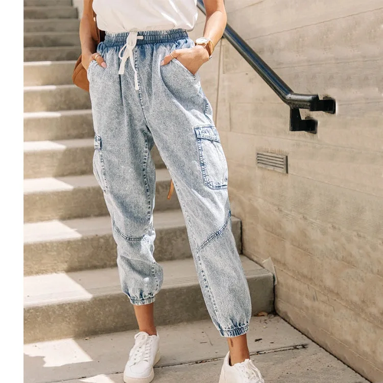 Women Jeans Bleached Lace-up Jeans Pants Ankle Length Elastic High Waist Fashion Sexy Summer Denim Pants