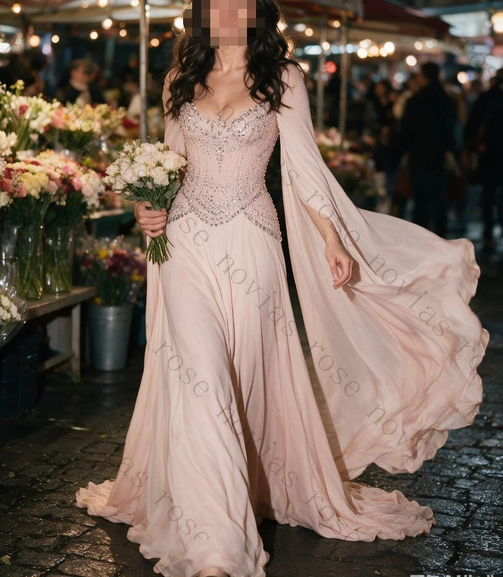 Customized Pink Tight Corset with Sewing Sleeves Evening Gown 2026 Chiffon Long Trailing Graduation Gown Suitable for Parties