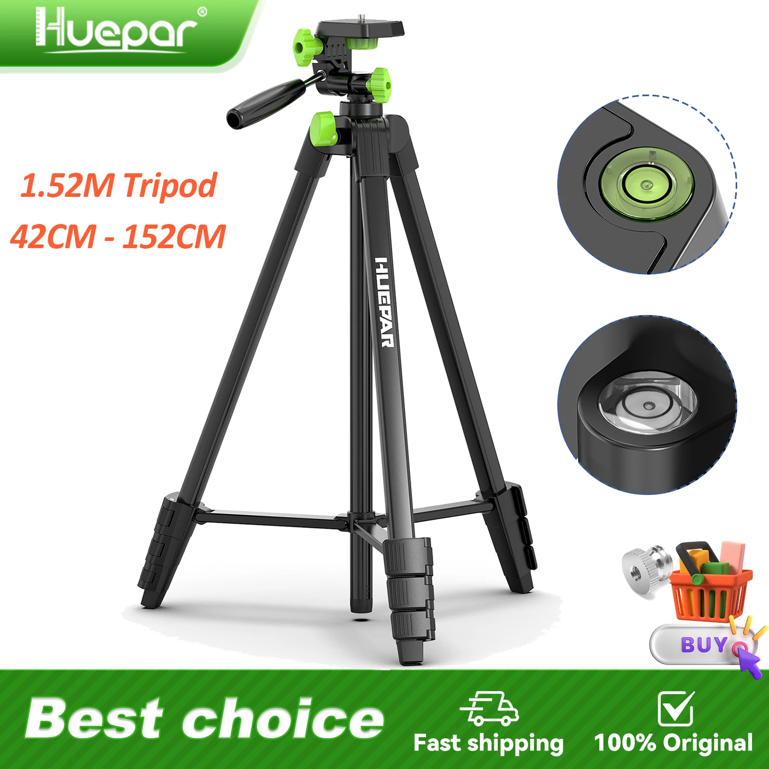 Huepar 152cm Laser Level Tripod Multifunctional Rangefinder Travel Camera Tripod 3-Way Swivel Pan Head Adjustable Height Bracket