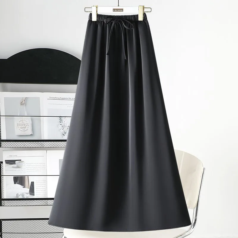 Biyaby Urban Women Satin Pleated Midi Skirts Autumn New Fashion Mid Elastic Waist Skirt for Mujer Solid Color Chic Ladies Skirts