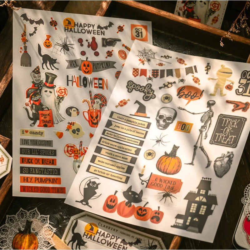 2 Sheet Large Halloween RUB ON Transfer Stickers Junk Journal Dark Vintage Witch Pumpkin Craft Stickers DIY Album Scrapbooking