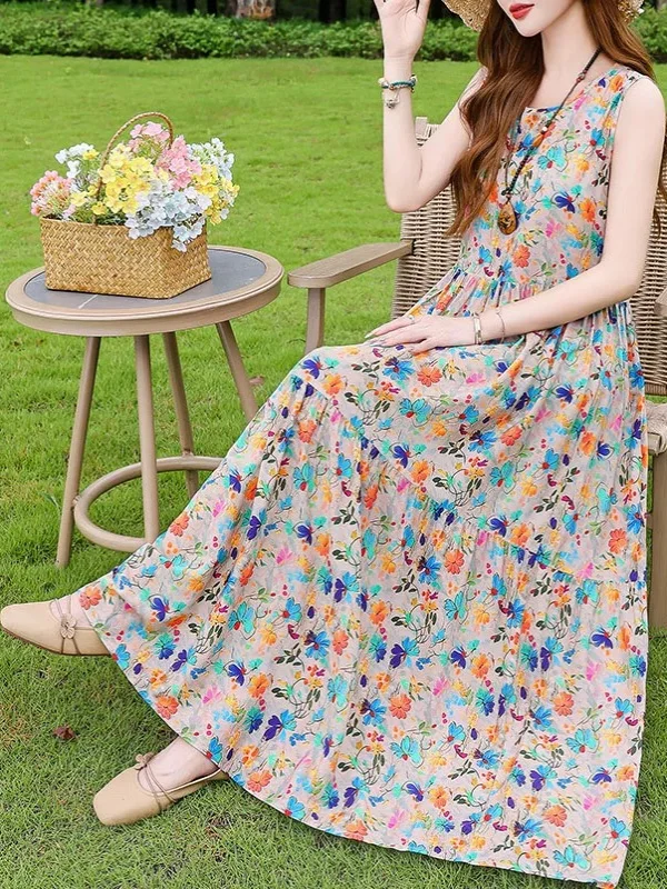Summer New plus Size Floral Cotton Silk Dr Women's Strap Beach Skirt Svel Holiday Lightweight Long Dr