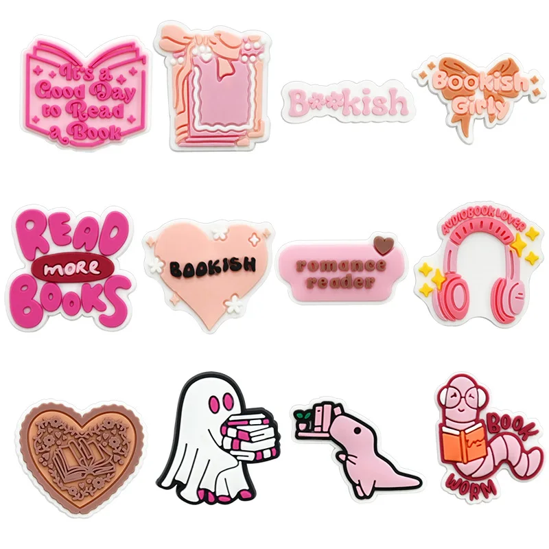 Breloques de chaussures en PVC, ver livre rose, combinaison de boucles de pantoufles, accessoires de bracelets adaptés, bandes de décoration, cadeau de fête unisexe