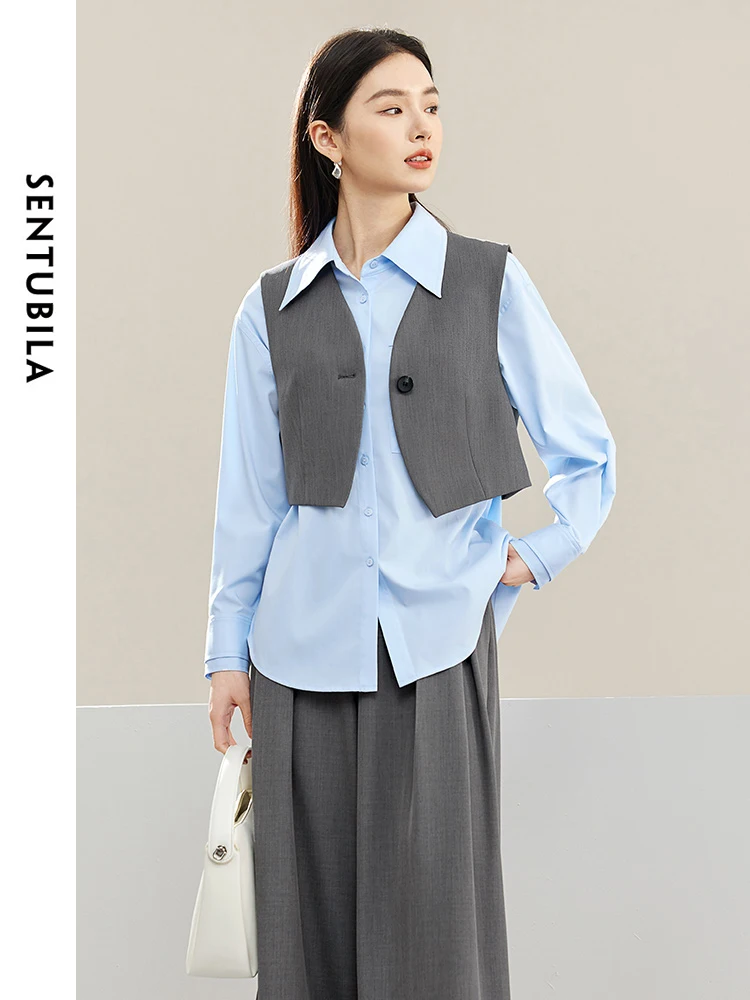 SENTUBILA Simple Loose Button Up Long Sleeve Tops Blouse 2024 Spring Solid Casual Polo Collar Shirt Women Clothing 141C53199