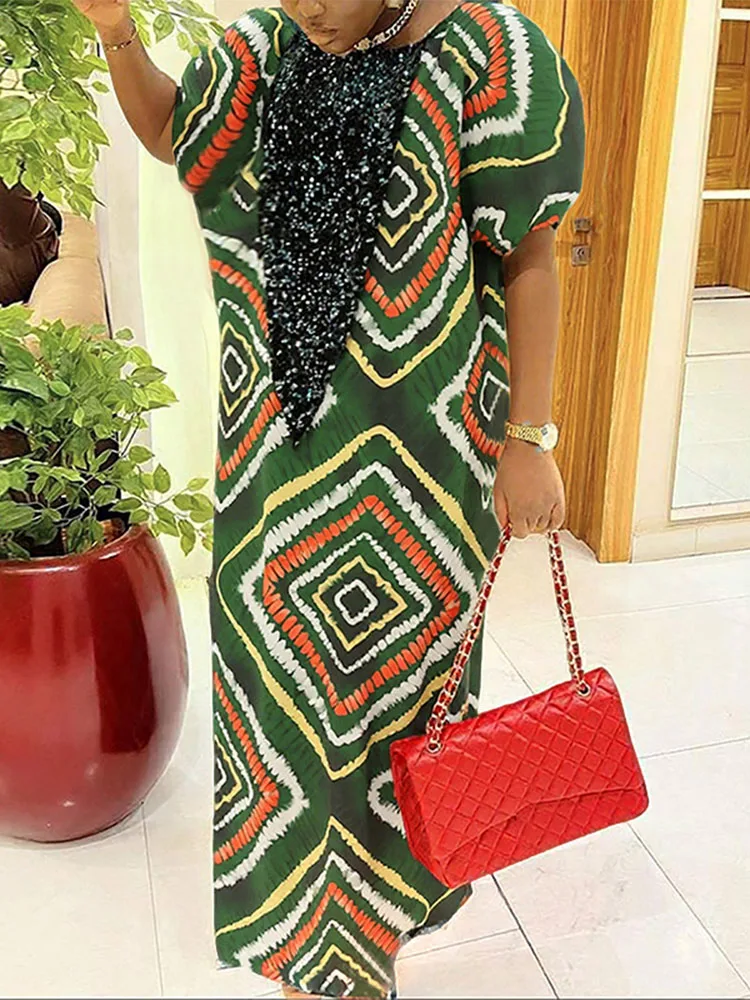 VONDA Women Bohemian Plus Size Dresses Summer Puff Sleeve Print Patchwork Long Maxi Sundress 2025 Vintage Fashion Party Robe 5XL