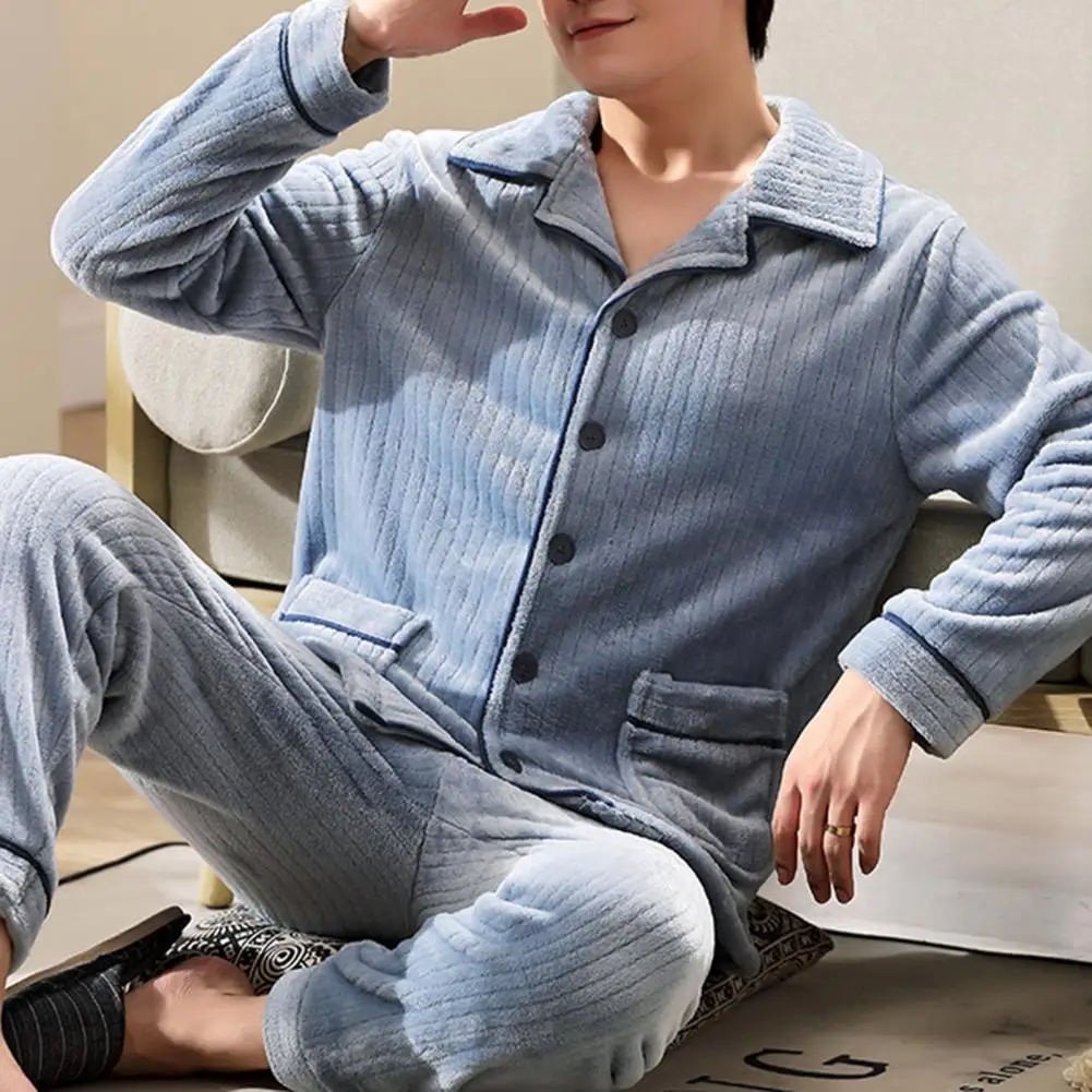 Sleepwear Set Men's Winter Pajamas Set with Lapel Striped Top Elastic Waist Pants Thick Warm Soft Homewear with Pockets for Men