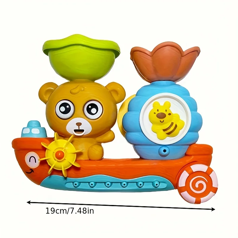 1 Pack Bear Boat Bath Toy, Wall Mounted Waterfall Bathtub Toy with Rotating Water Wheel, Kids Interactive Shower Water Play Toy
